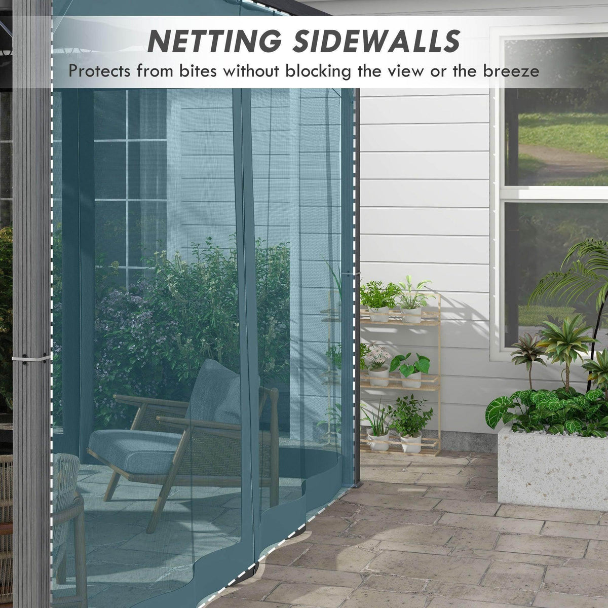 Dark grey mesh side curtains for gazebo protection against wind and breeze