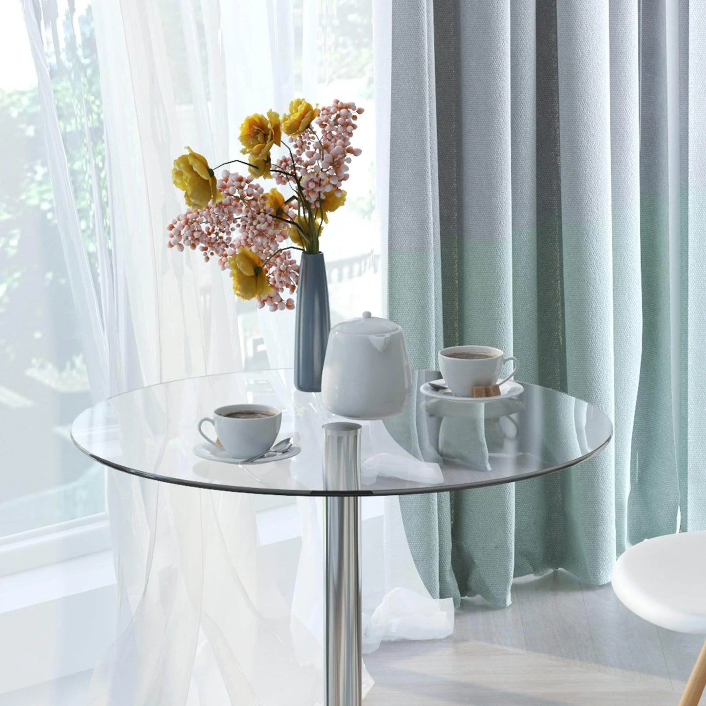 HOMCOM Modern Round Dining Table with Glass Top, Steel Base - Small Space Saving Bar Table - ALL4U RETAILER LTD