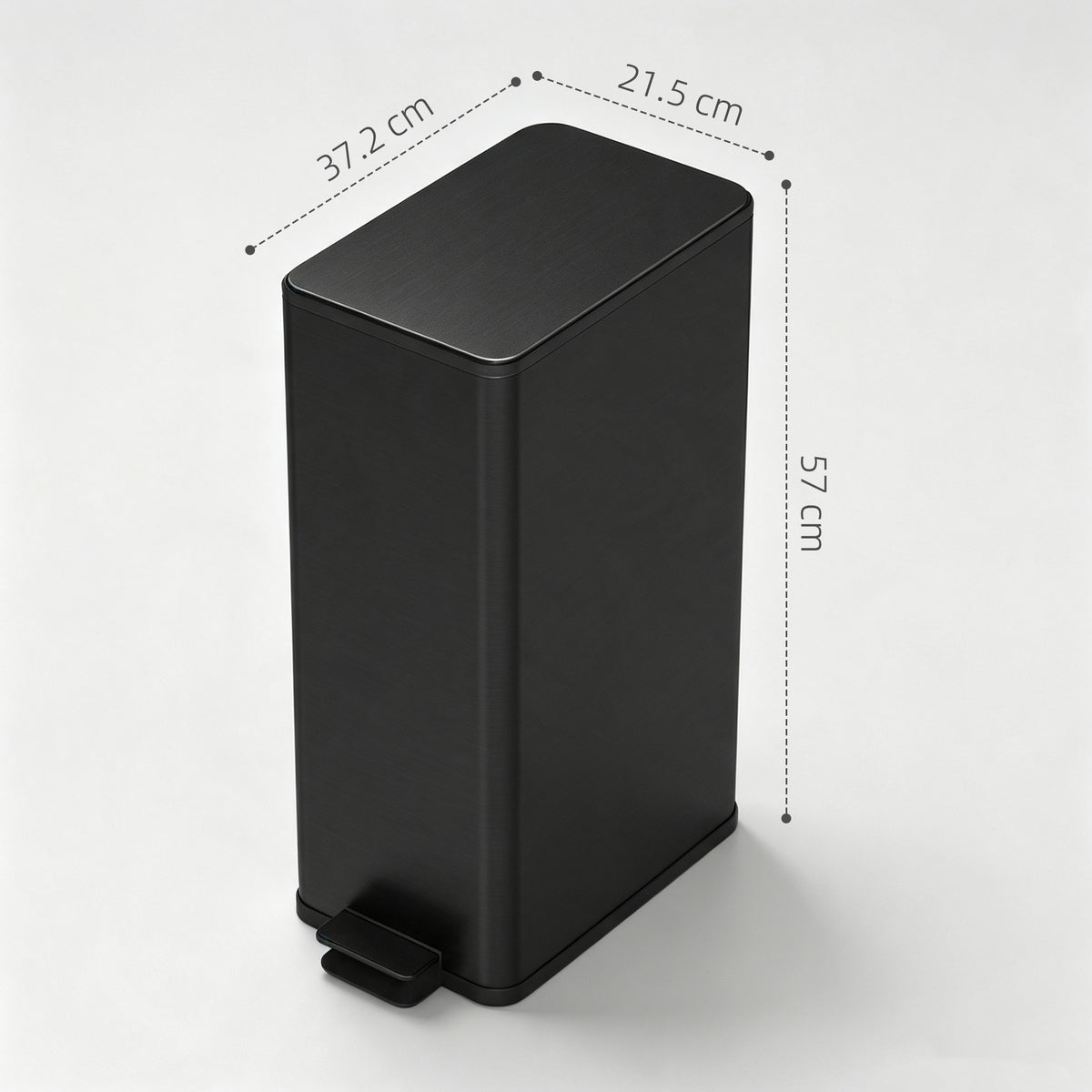 Black rectangular pedal trash can with size dimensions shown.
