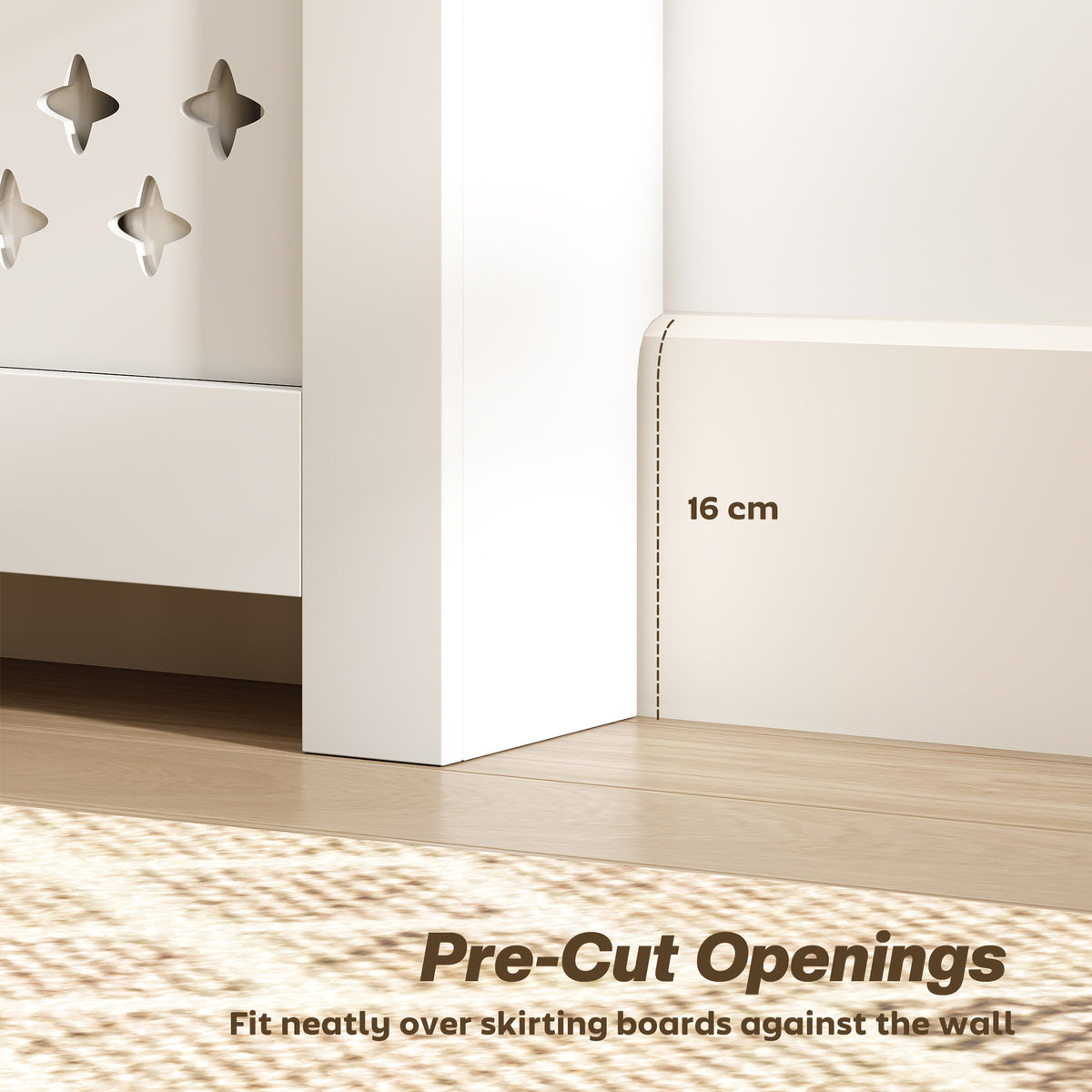 Bottom corner of white radiator cover cabinet with pre-cut opening over skirting