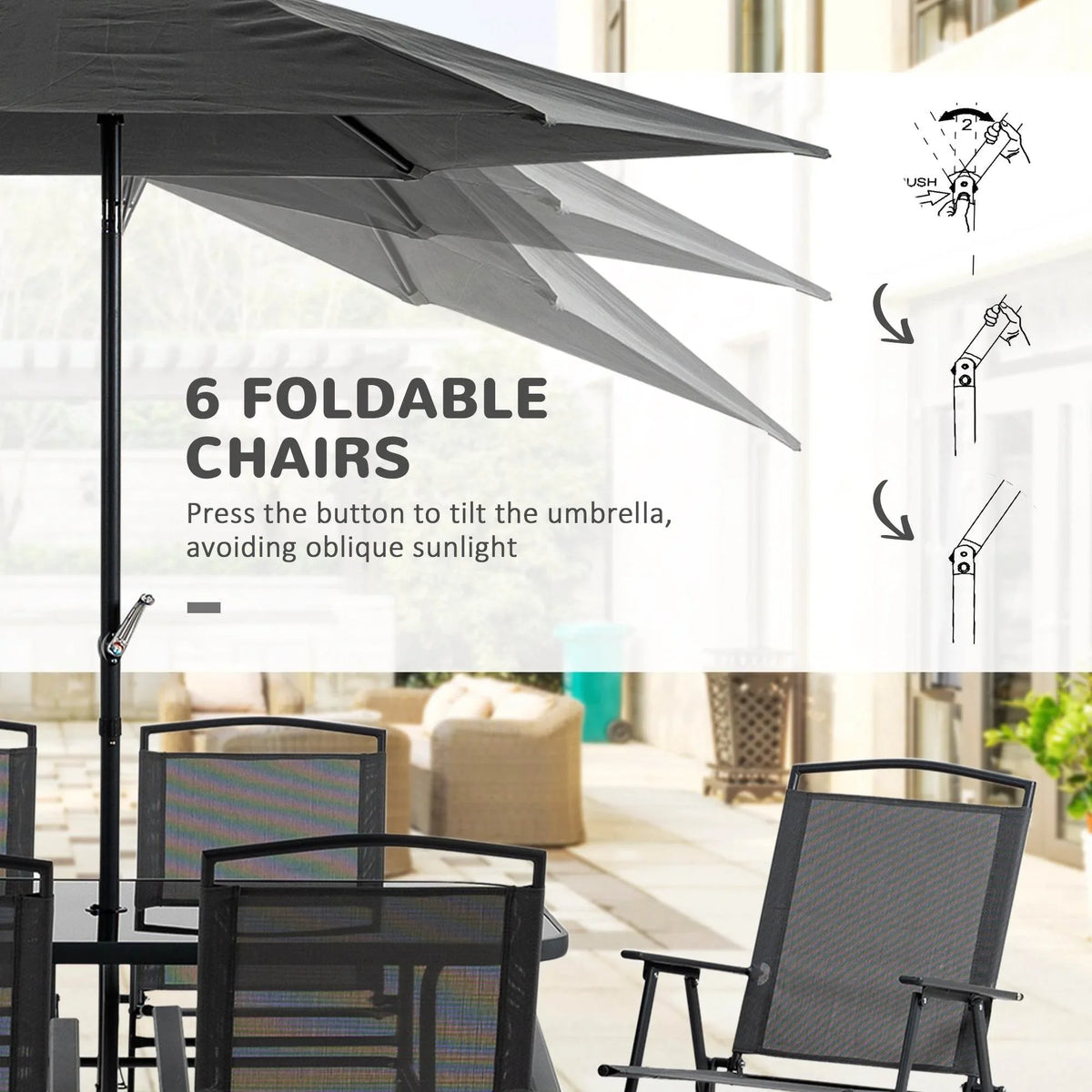 Black patio parasol with tilt mechanism and folding chairs with grey mesh seats