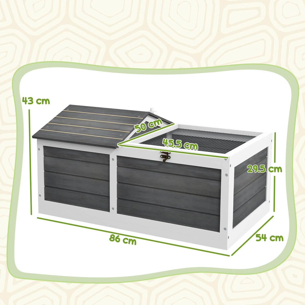 Wooden tortoise enclosure with hinged lid and ventilated wire mesh basking platform