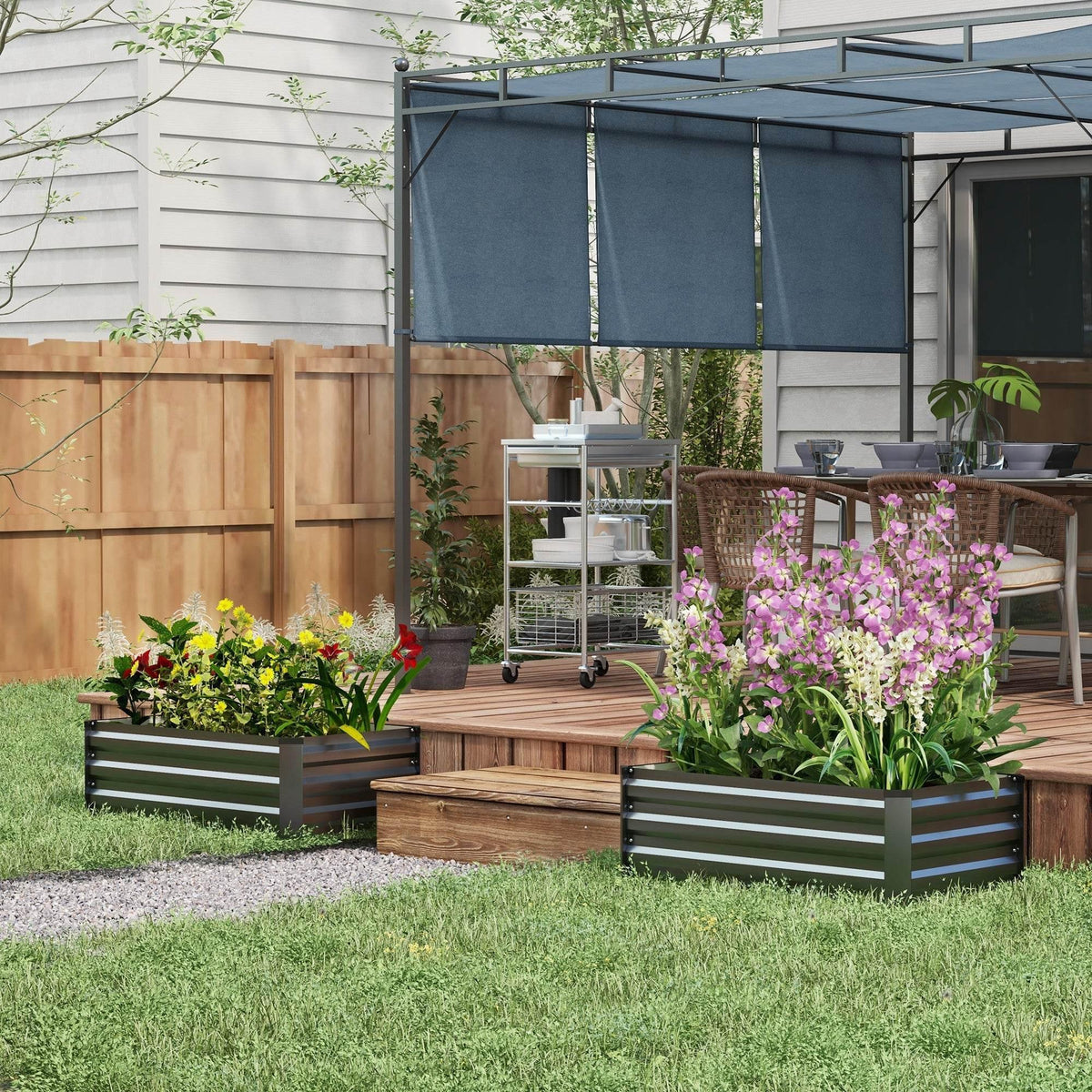 Set of 2 dark grey elevated steel garden planters with slatted sides