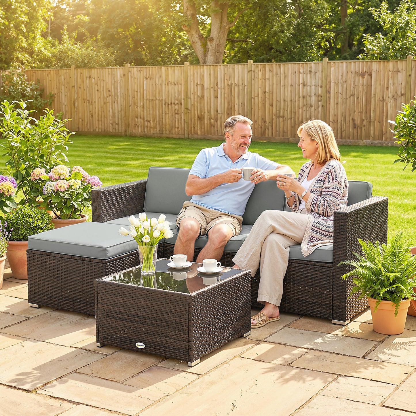 Outsunny 3 Pieces Garden Furniture Set With Cushions PE Rattan Wicker Conversation Corner Sofa Set Light Grey