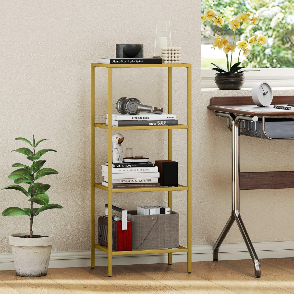 Gold-tone 4-tier glass shelving unit with glass shelves for organizing items