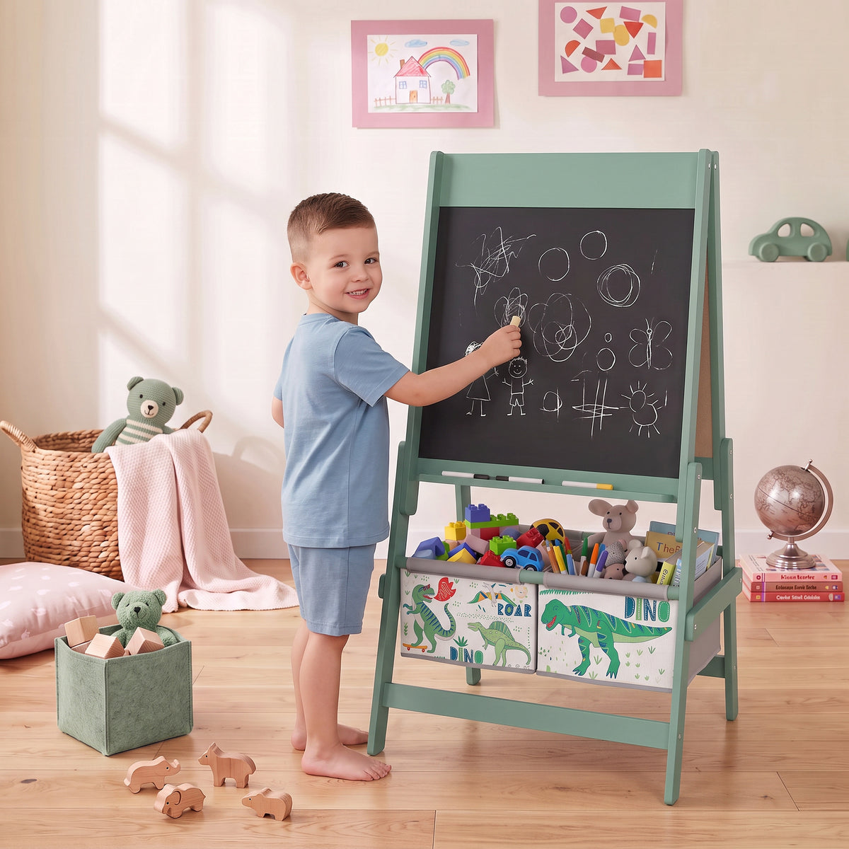 Kids 3-in-1 wooden art easel with chalkboard and dinosaur storage bins, mint green