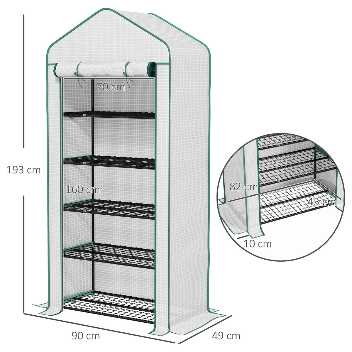 5-tier mini greenhouse with white PE cover and green-trimmed arched frame, front view