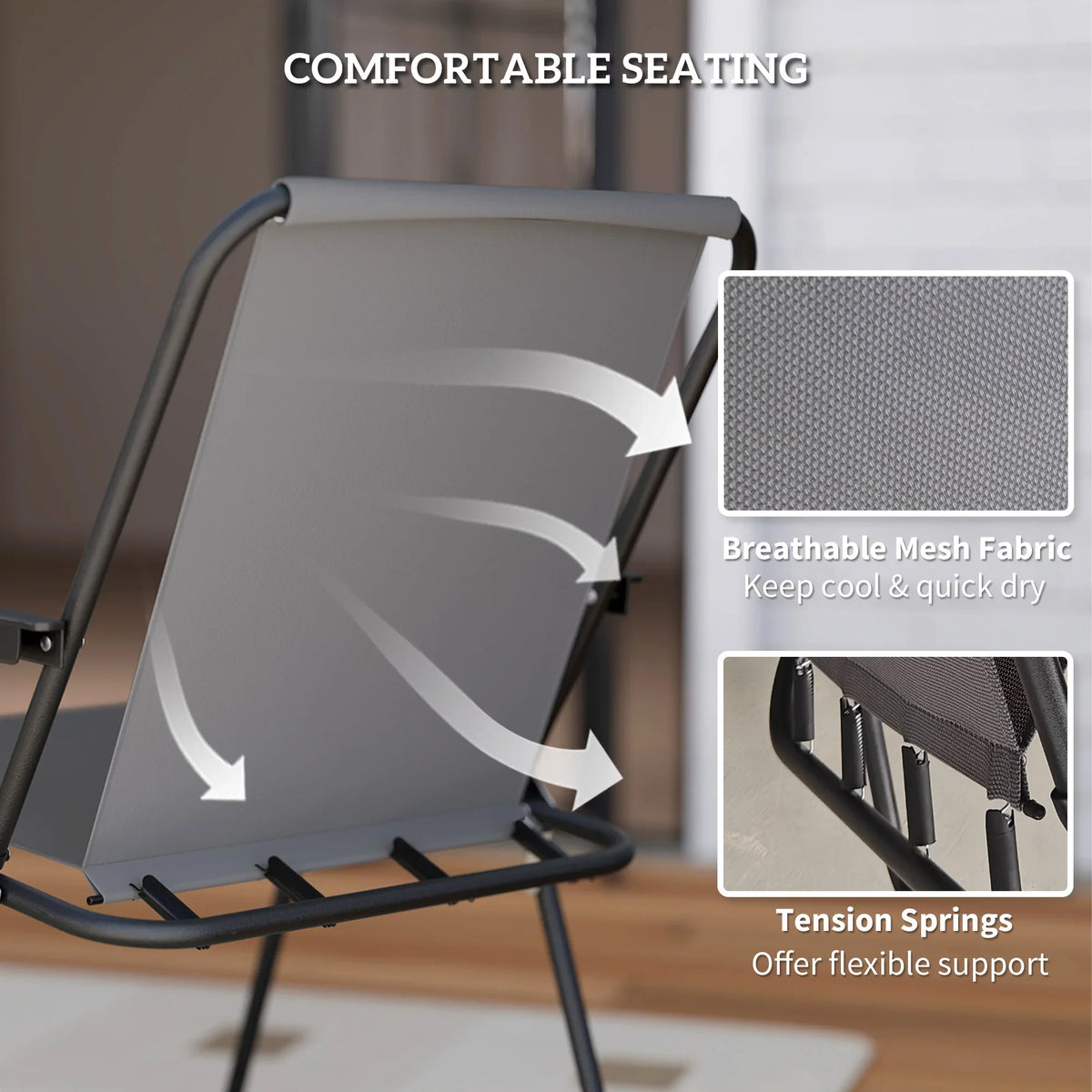 Grey mesh patio chair back with tension-spring support and black frame