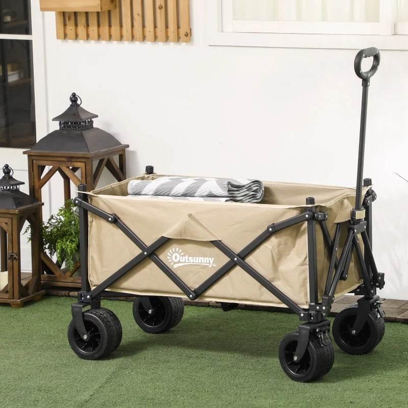 Khaki folding garden wagon cart with carry bag and black steel frame, 4 swivel wheels