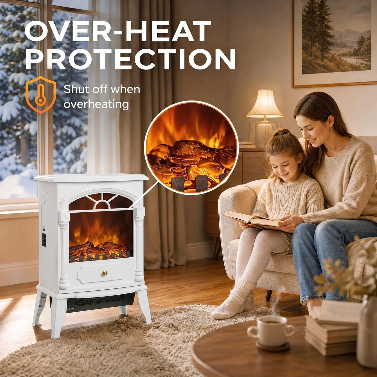 White freestanding electric fireplace with realistic flame window and overheat protection
