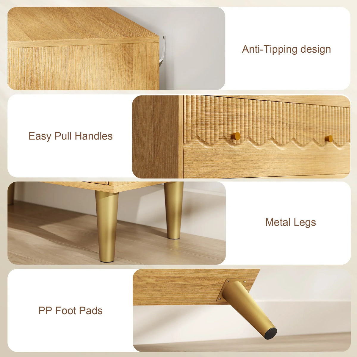 Oak dresser with anti-tipping design, easy pull handles, metal legs, and foot pads.