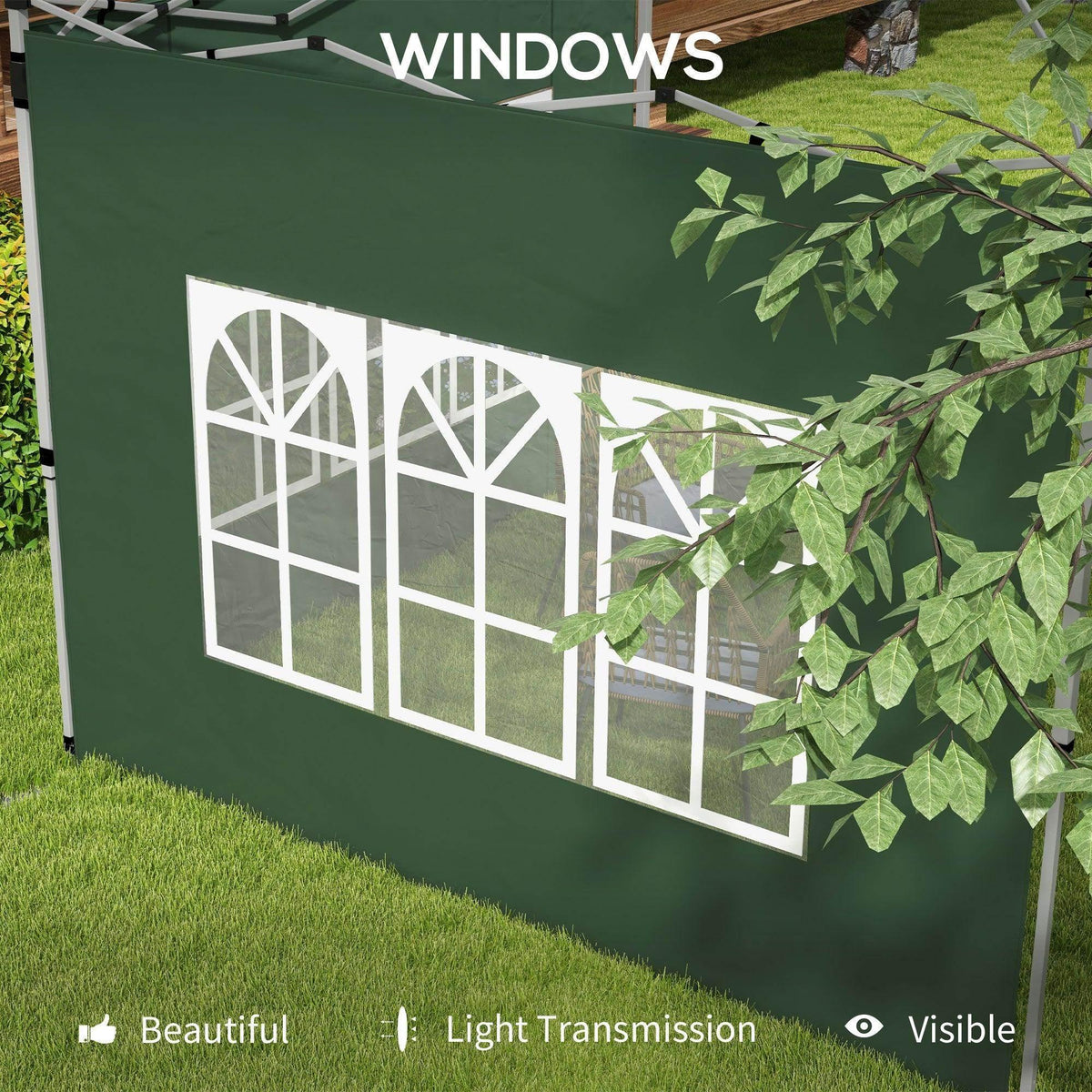 Green gazebo side panel with white arched window cutout design