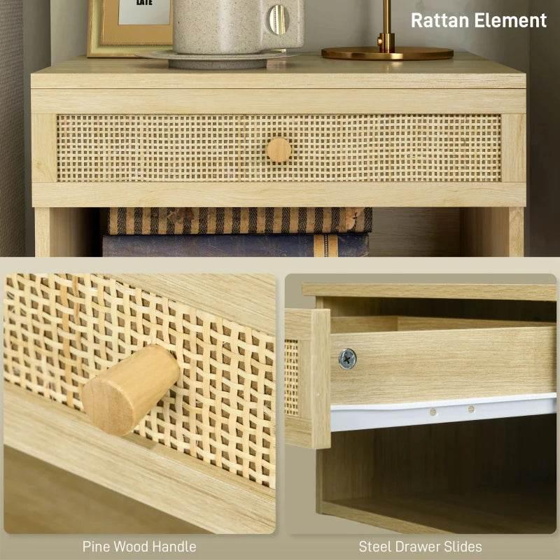 Light wood-effect bedside table with rattan drawer front and steel slide rails