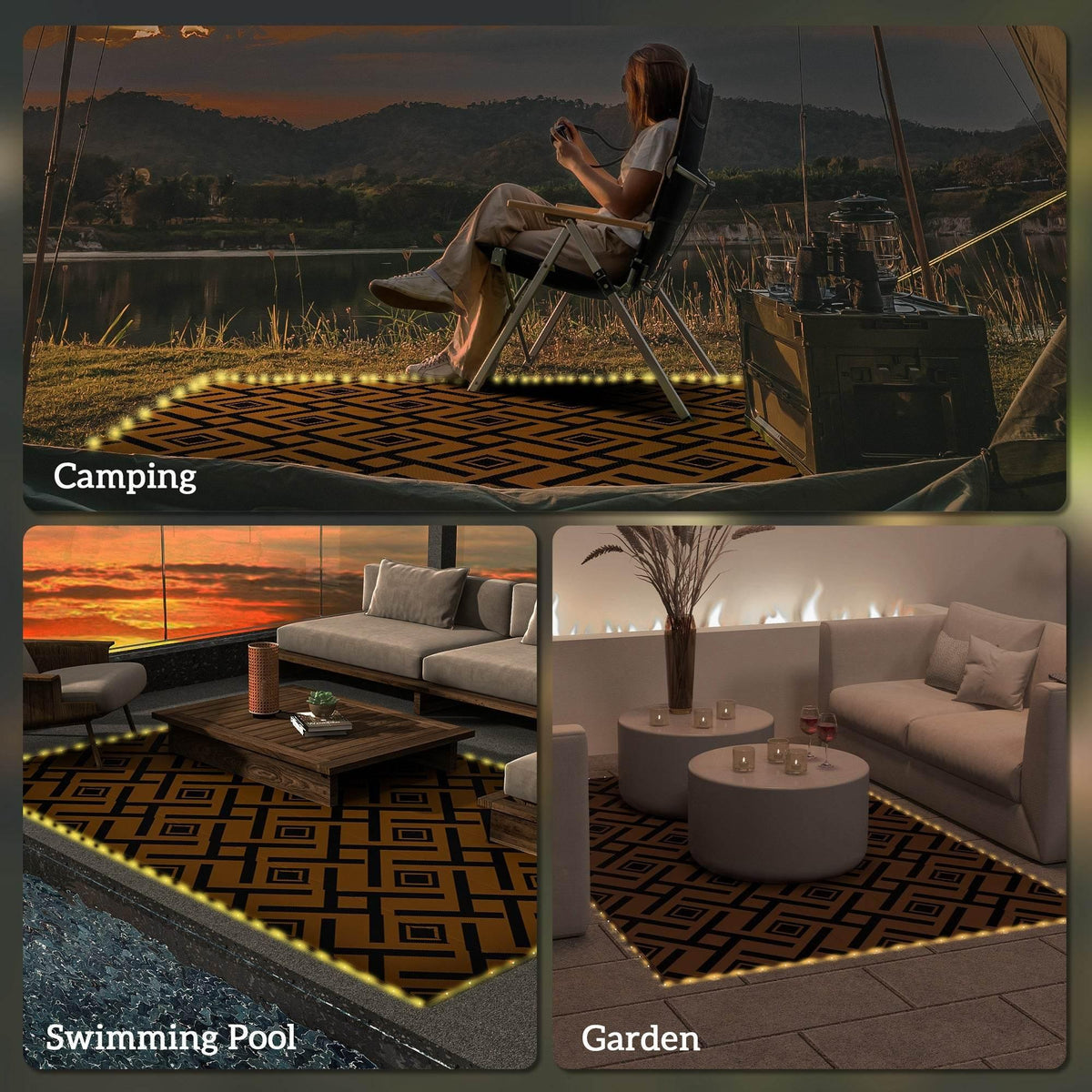 Reversible outdoor rug with LED edge lights, brown and black geometric pattern for camping or garden