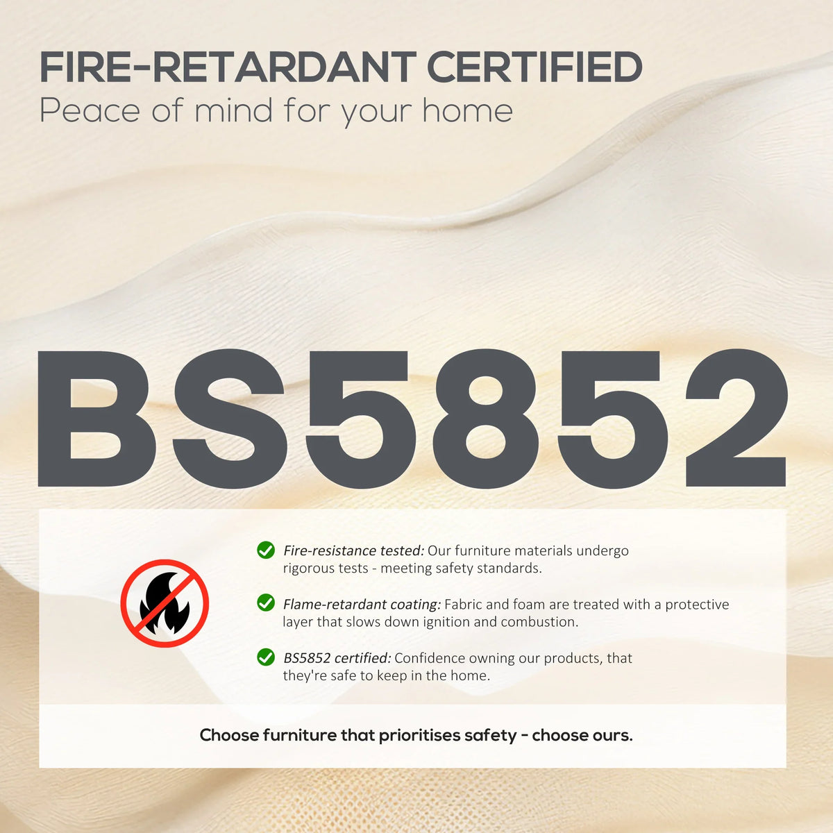 Fire-retardant certified upholstery safety badge for peace of mind