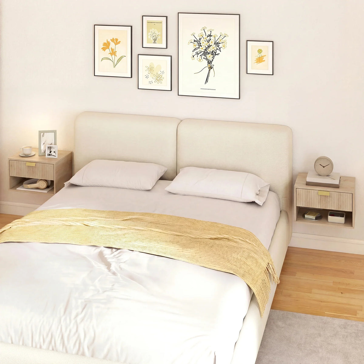 Set of 2 wall-mounted bedside tables, light oak fluted drawer fronts, open shelves