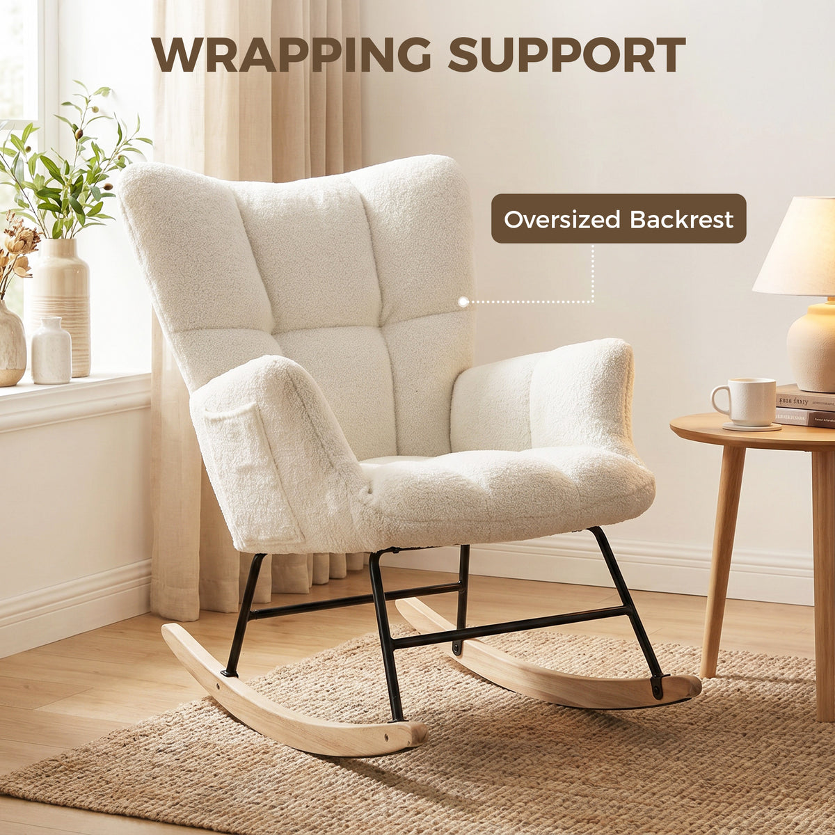 Cream teddy-fleece rocking chair with oversized backrest and black metal rocking frame