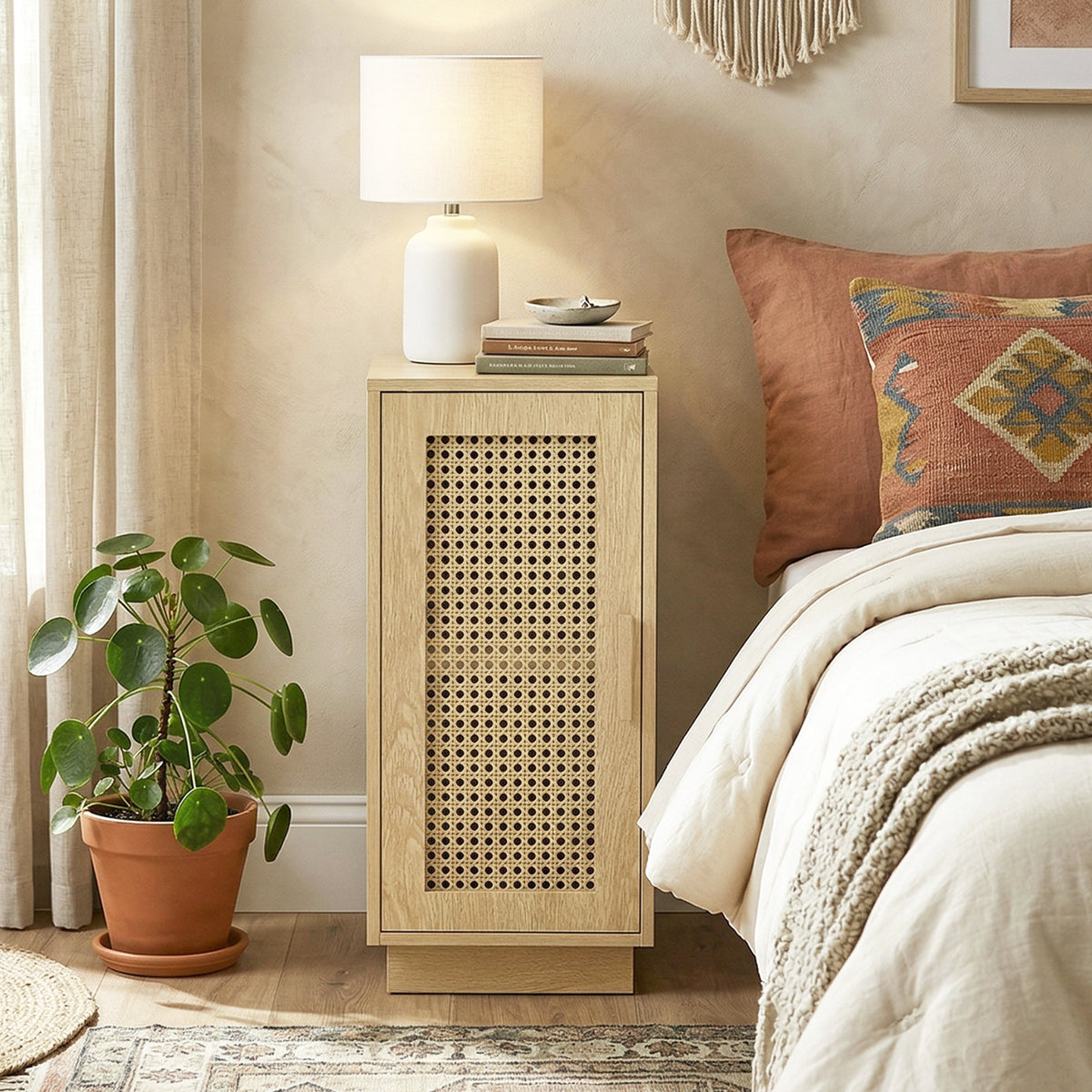 Rattan door slim nightstand with woven lattice front and top table lamp