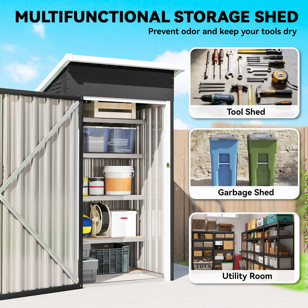 Outdoor multi-use metal storage shed with sloping roof, open interior for tools and supplies