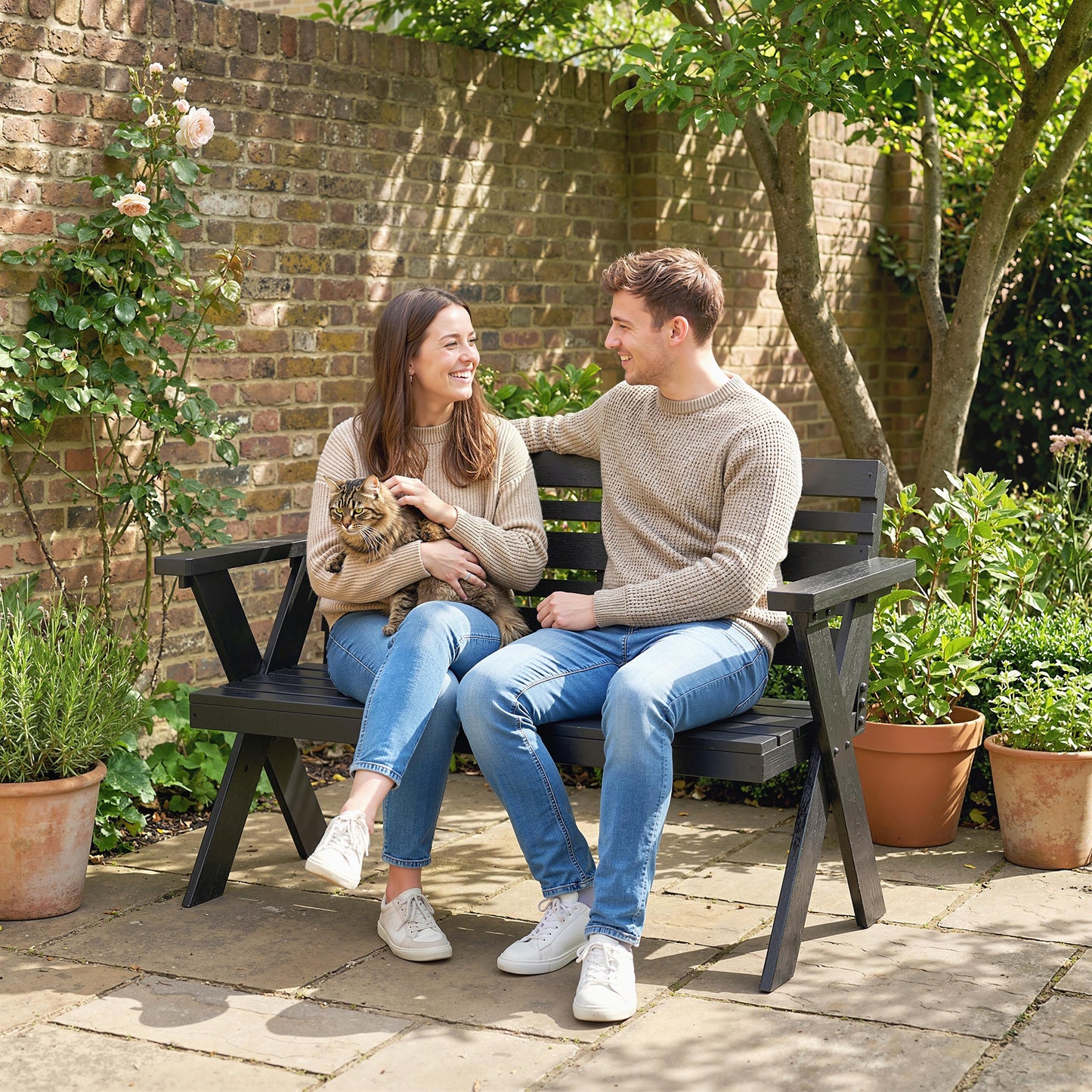 Outsunny Two Seater Wooden Garden Bench Slatted Patio With Armrest And Backrest Black