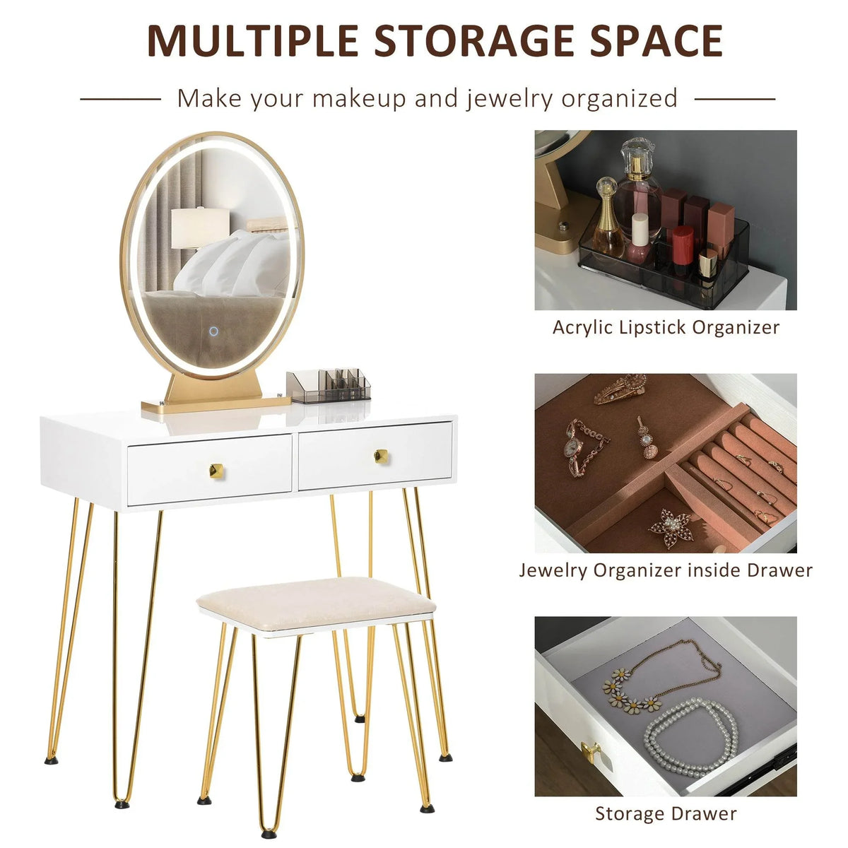 White dressing table with round mirror, two drawers, and cushioned stool with storage space