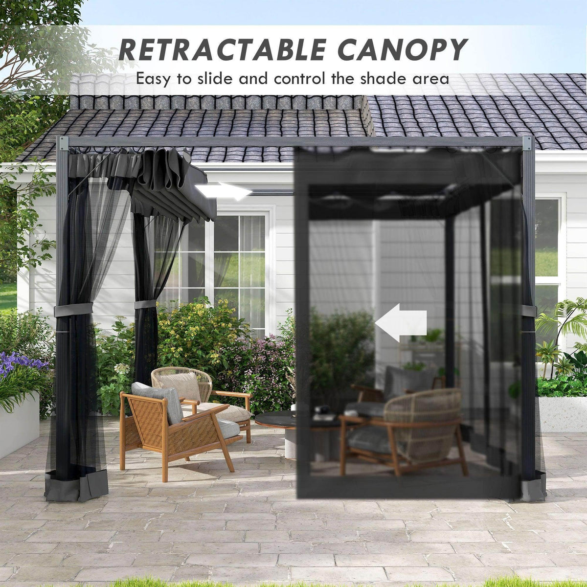 Retractable dark grey pergola with mesh netting curtains and canopy over patio seating