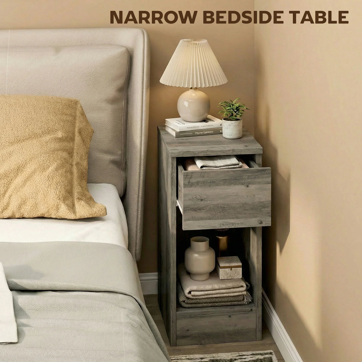 Narrow grey wood-effect bedside table with drawer and open shelf storage