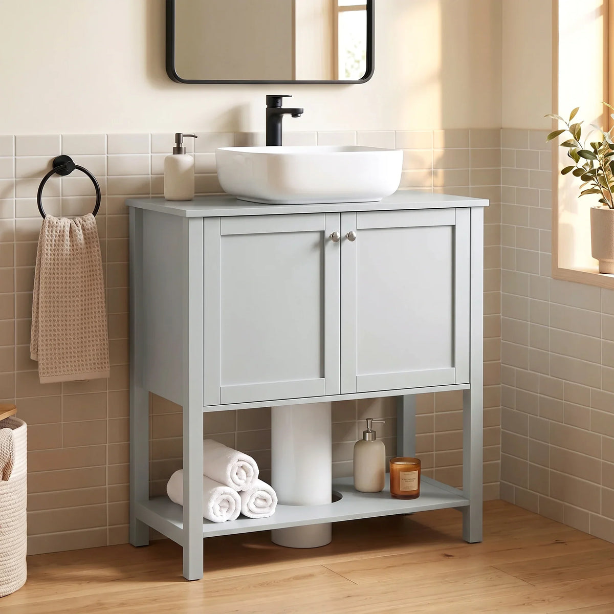 Light blue under-sink cabinet with two doors and open shelf in bathroom setting