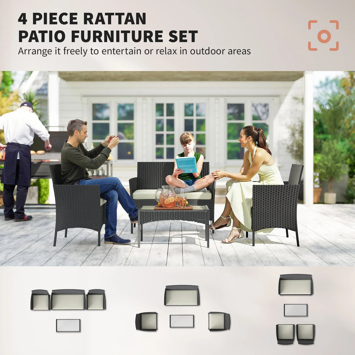 4-piece rattan patio furniture set with cushions, seats, and coffee table layout