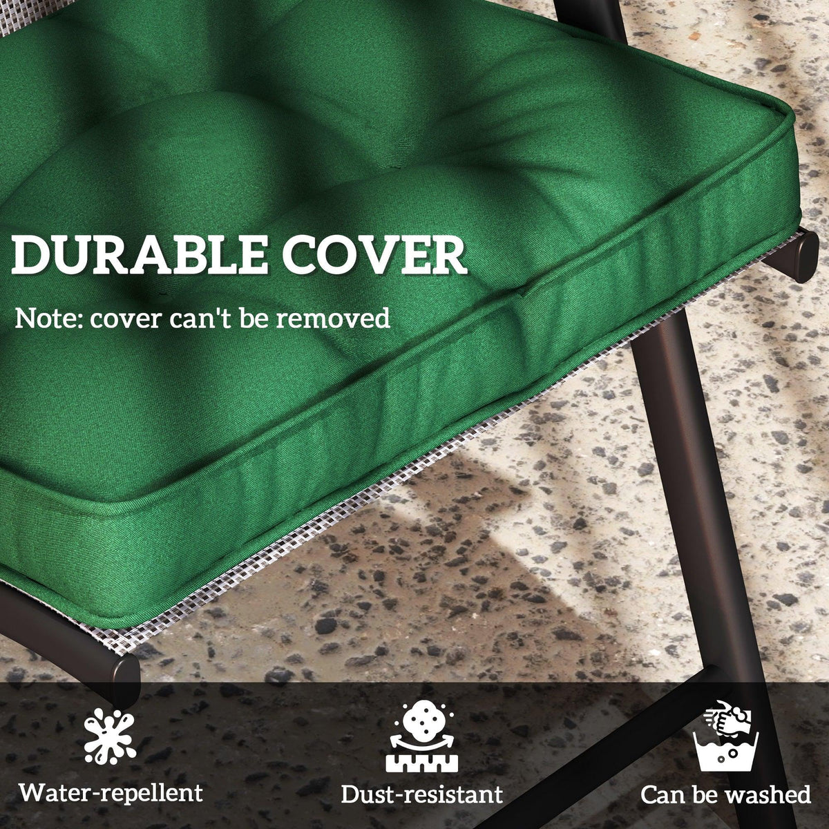 Green cushion with durable cover look, tufted top, and stitched piped edge