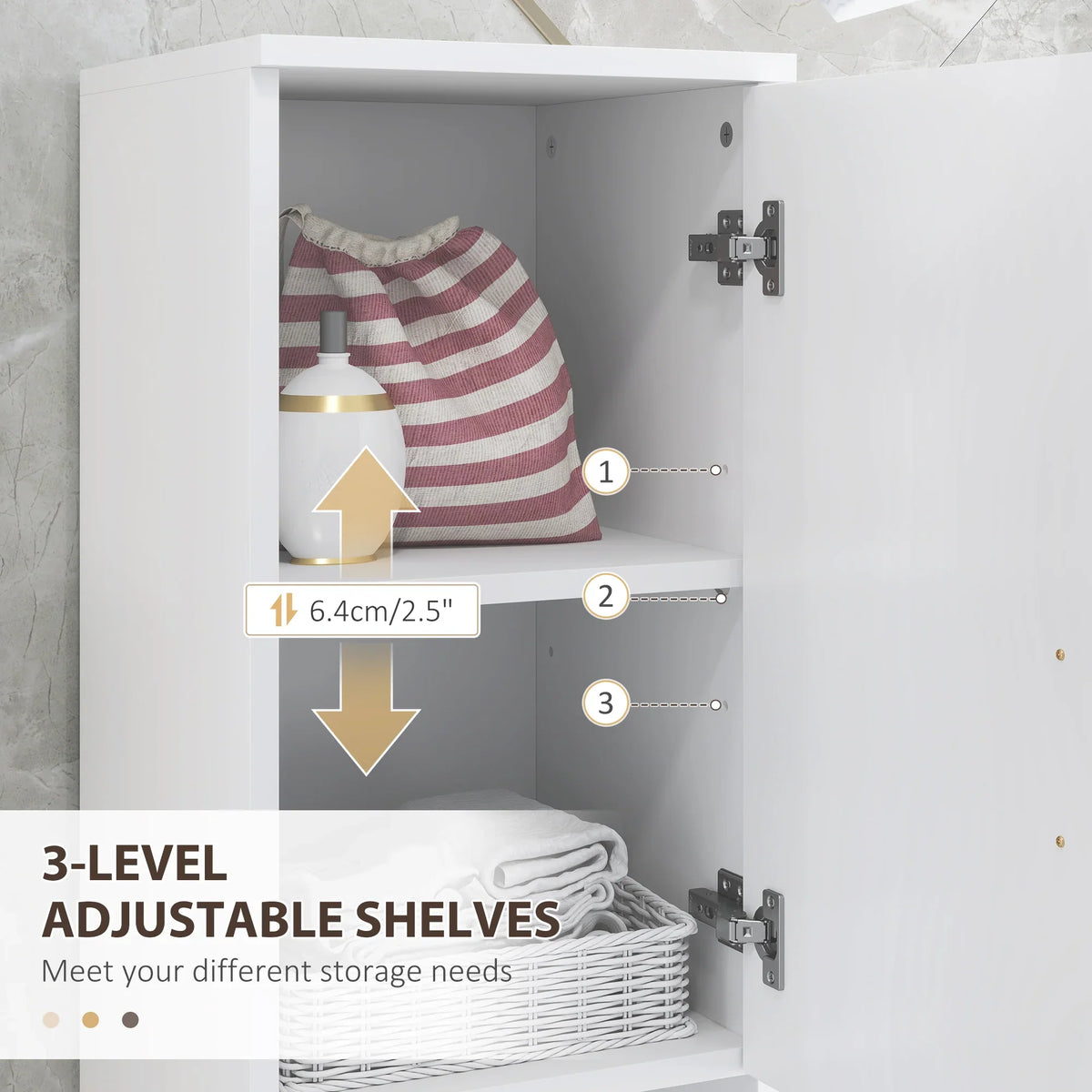 White cabinet with 3-level adjustable shelves behind hinged door for bathroom storage