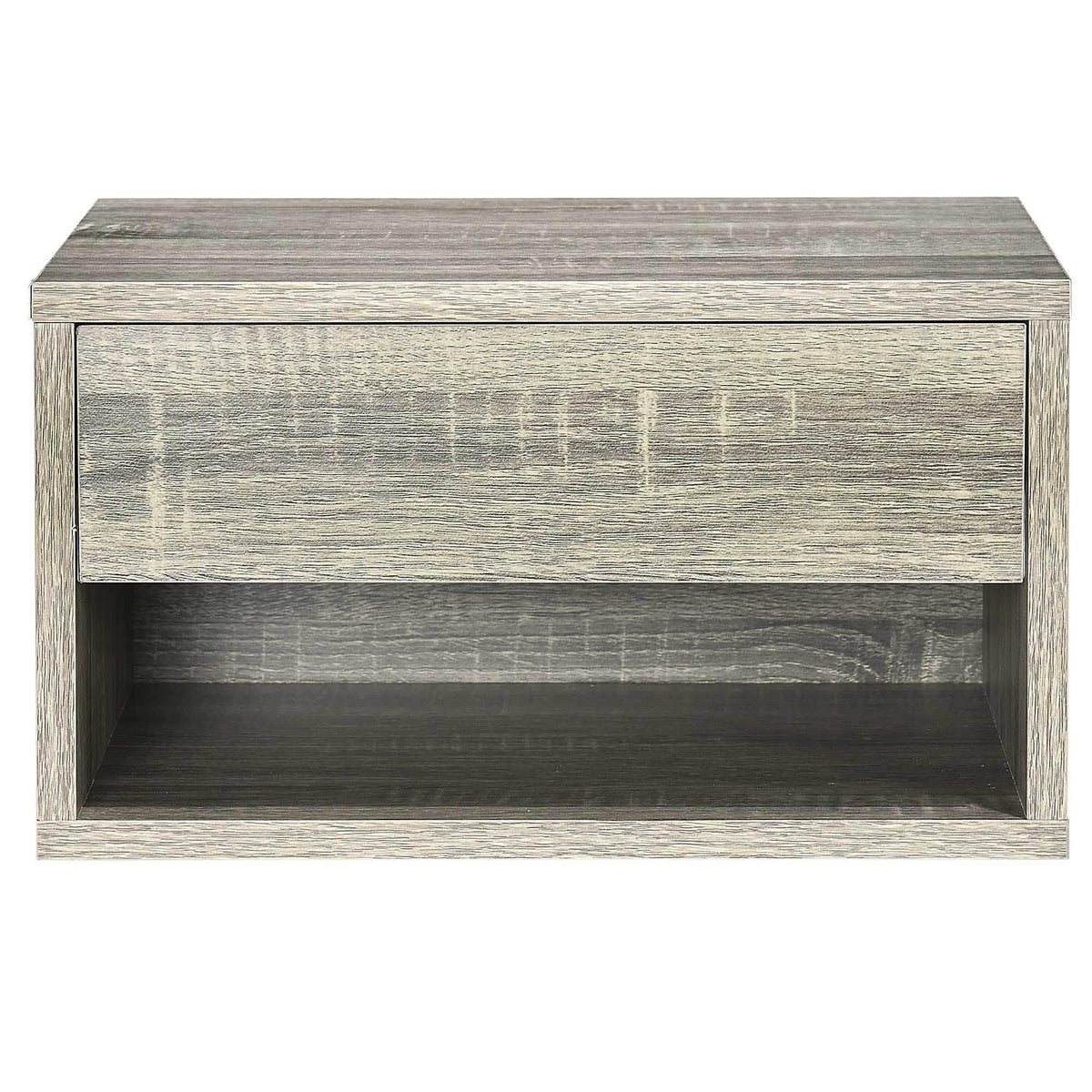 Rectangle floating nightstand in light gray-brown wood with drawer and open shelf
