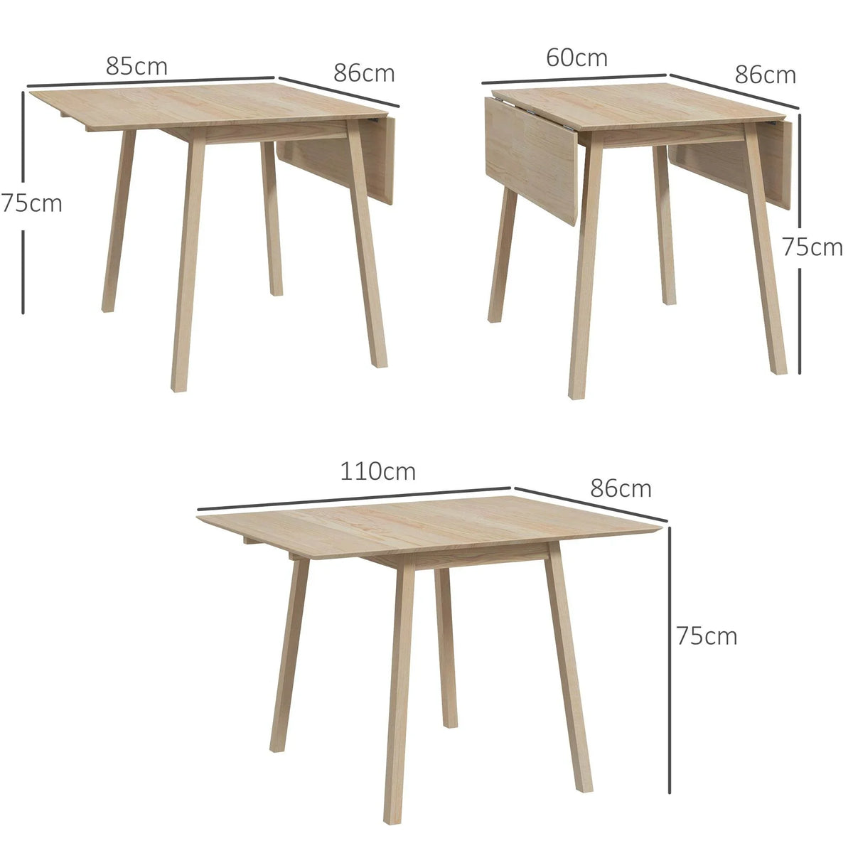 Natural pine drop-leaf dining table shown folded and extended with measurements