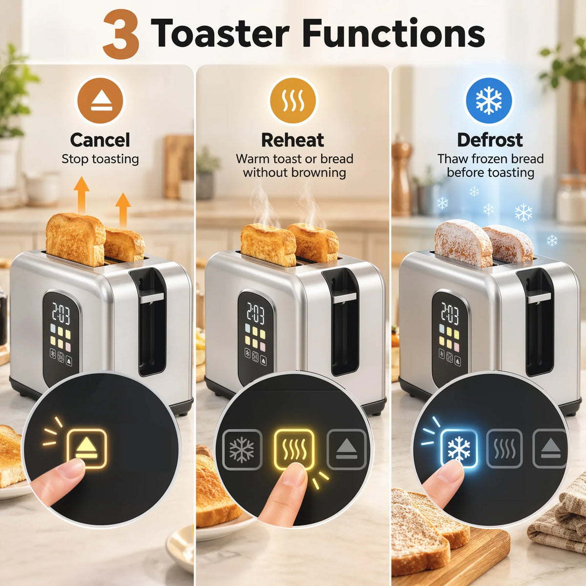 Stainless steel toaster with LED control panel showing cancel, reheat, and defrost modes
