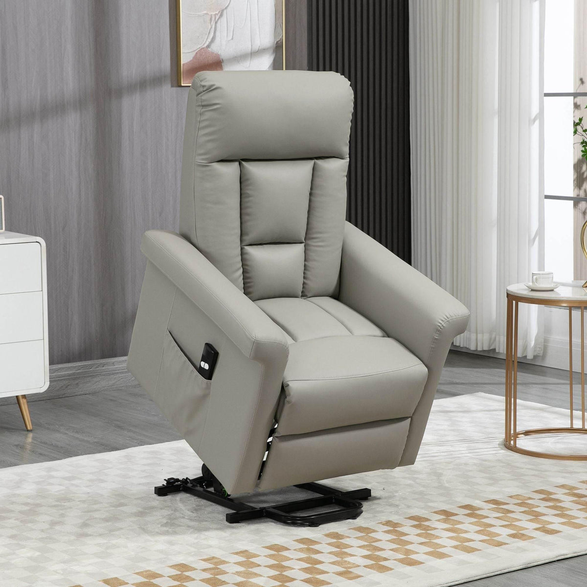 Grey electric lift recliner chair with extended footrest and side remote pocket