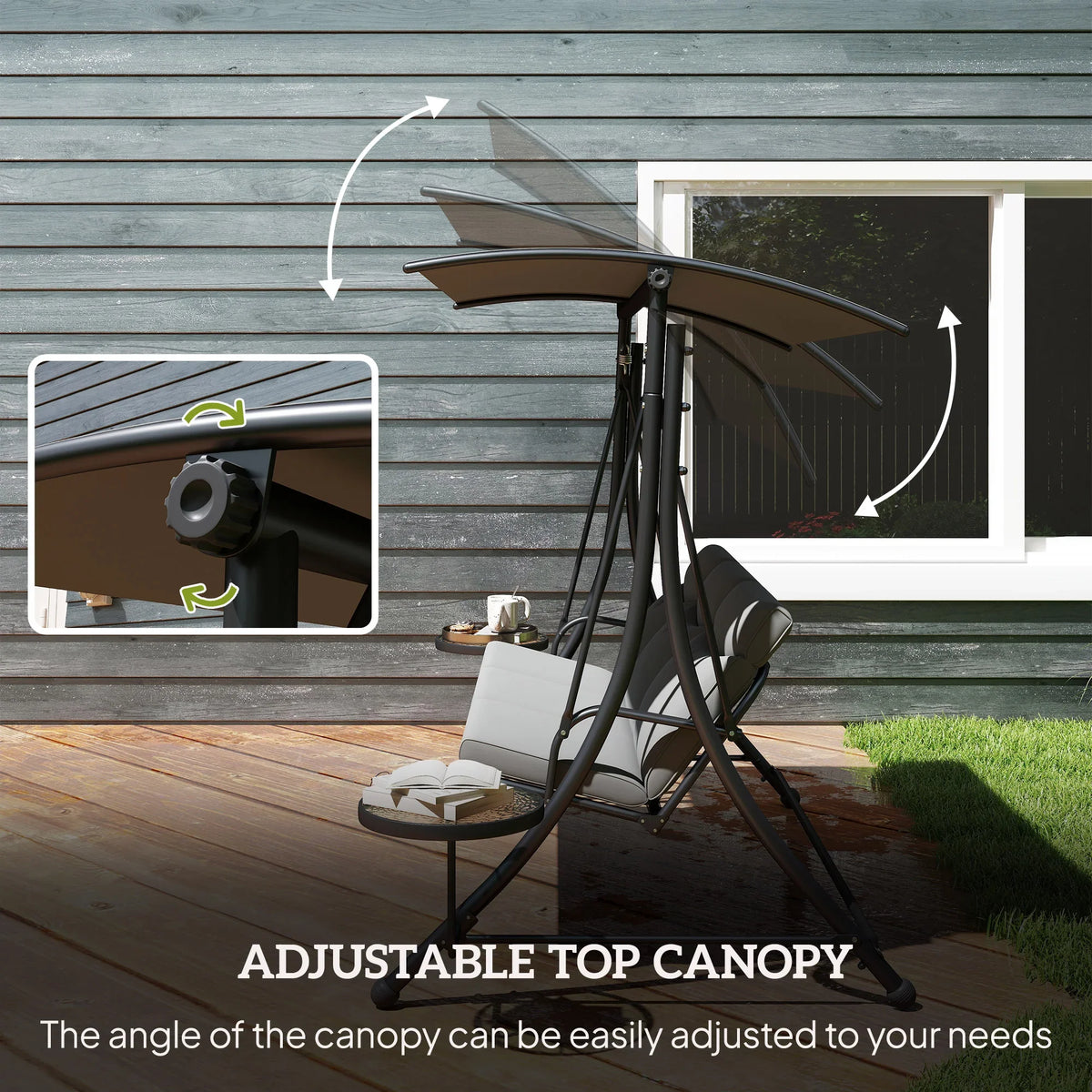 Adjustable canopy support on three-seater garden swing with grey cushions