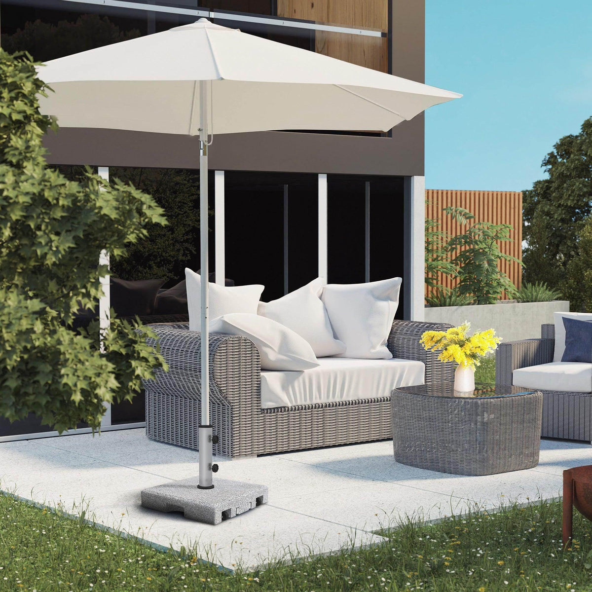 Grey granite square umbrella stand with retractable handle and two wheels.