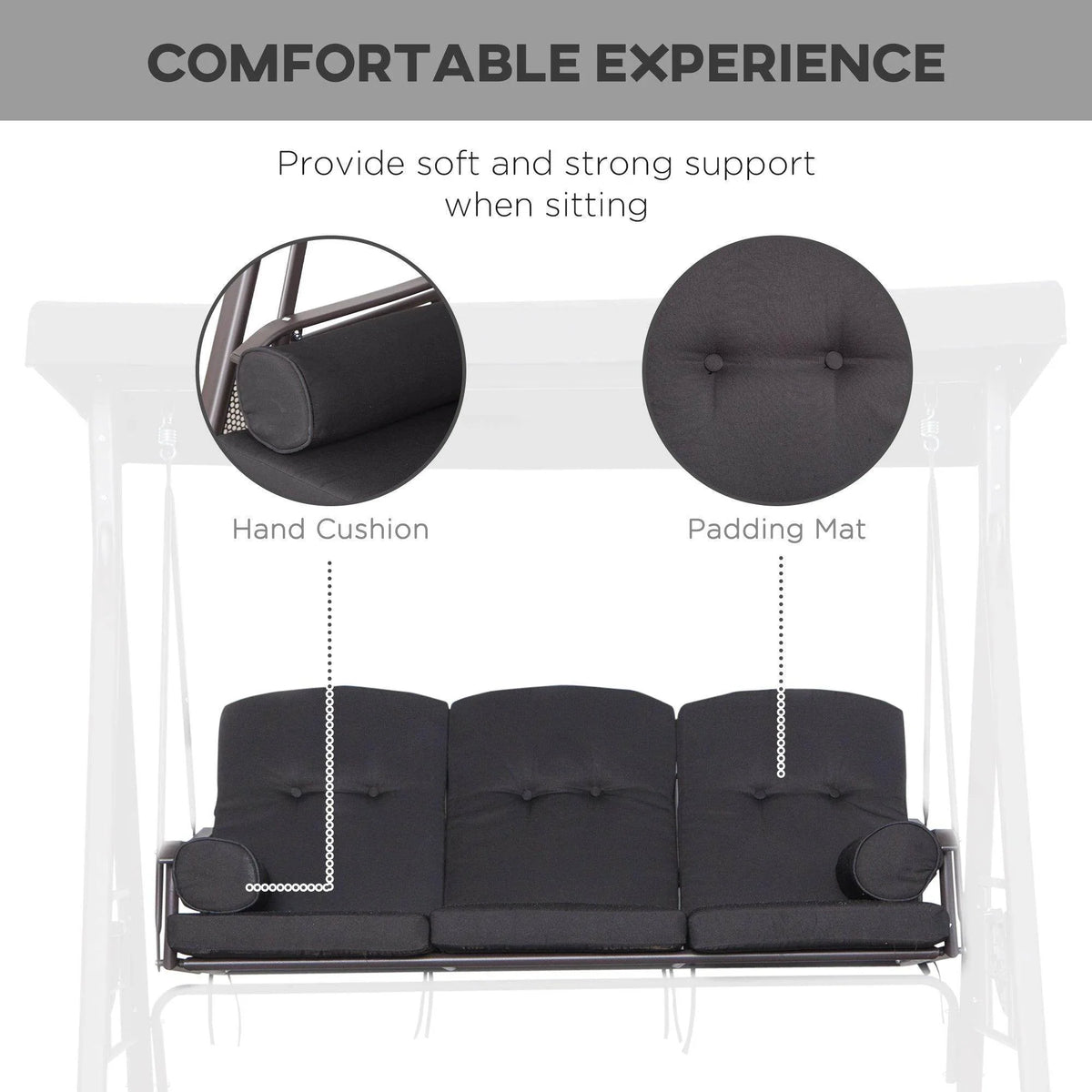 3-seat patio swing bench with cushioned backrest, seat padding, and bolster pillow
