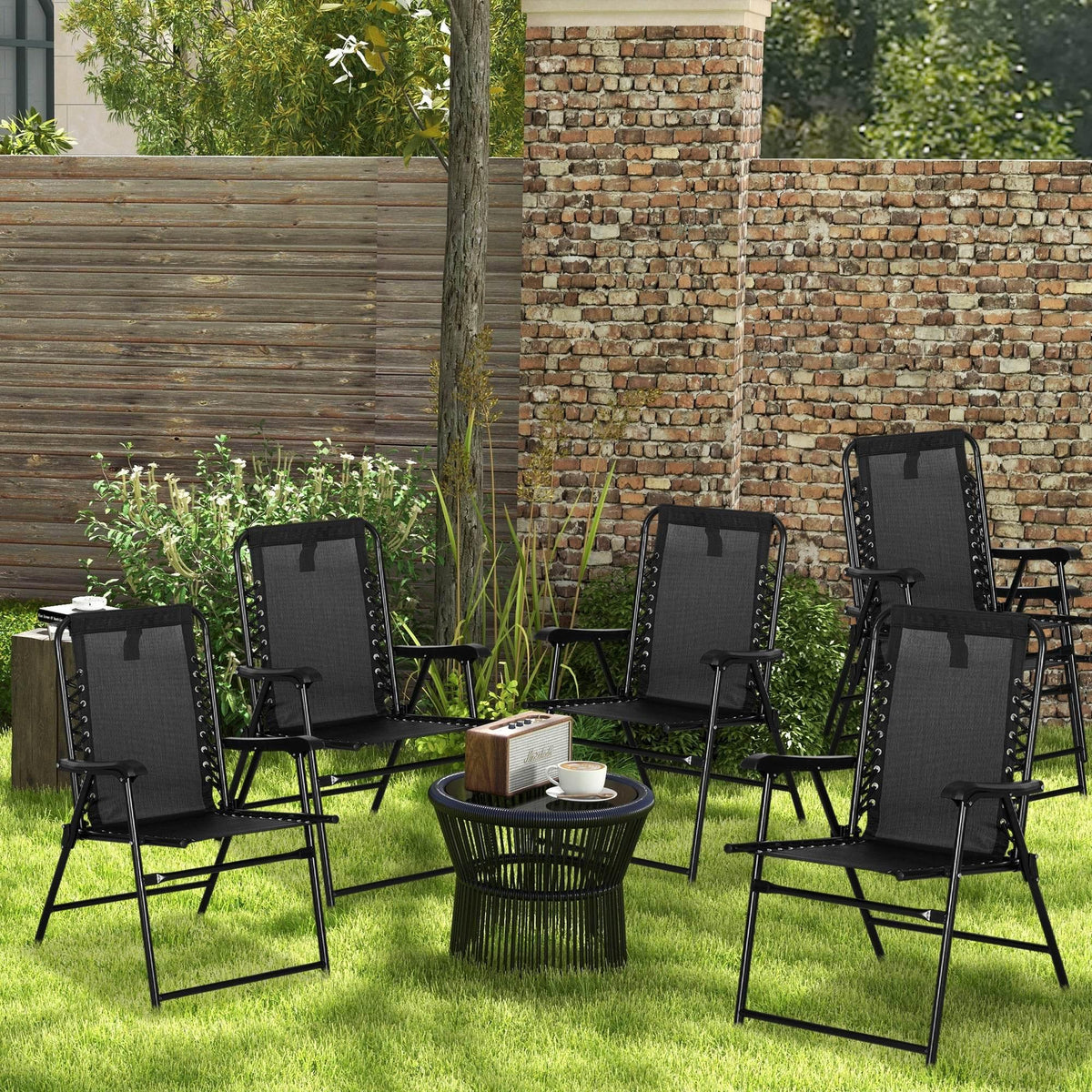 Outdoor folding mesh chair set with armrests, black steel frames, dark gray seats