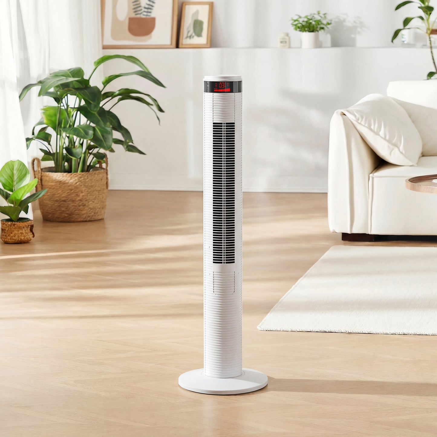 HOMCOM Oscillating Tower Fan with Remote Control, 3 Speed Settings and 4 Wind Modes, White