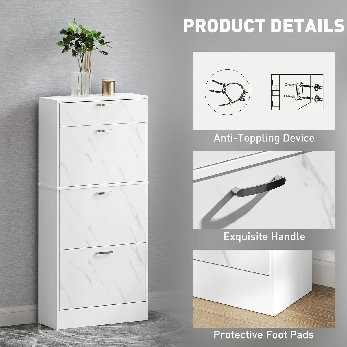 White marble-look shoe cabinet with curved handle, protective foot pads, and anti-tipping