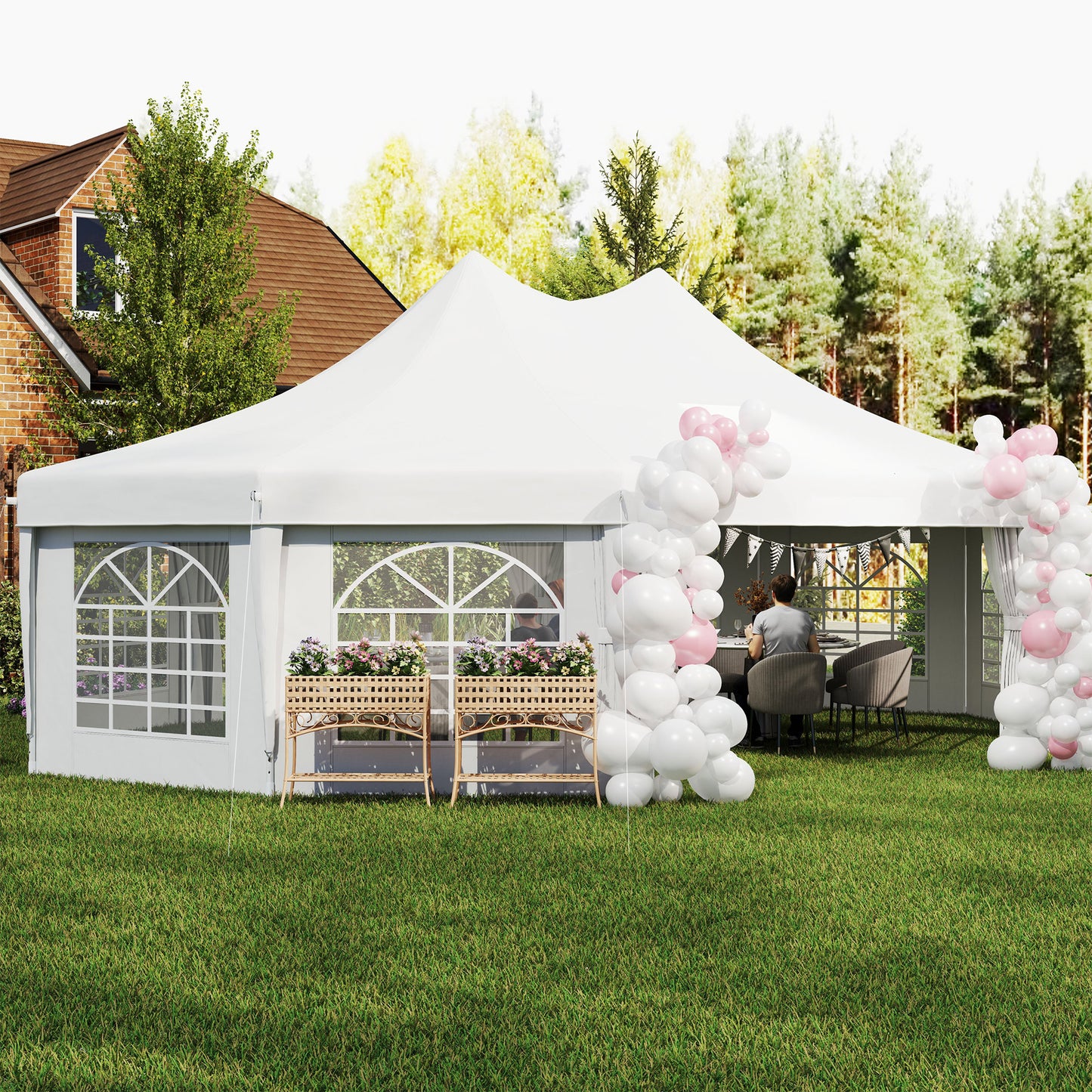 Outsunny 10 Sided Decagonal Garden Gazebo Marquee Party Tent Canopy With Durable Metal Frame 8.9m x 6.5m White