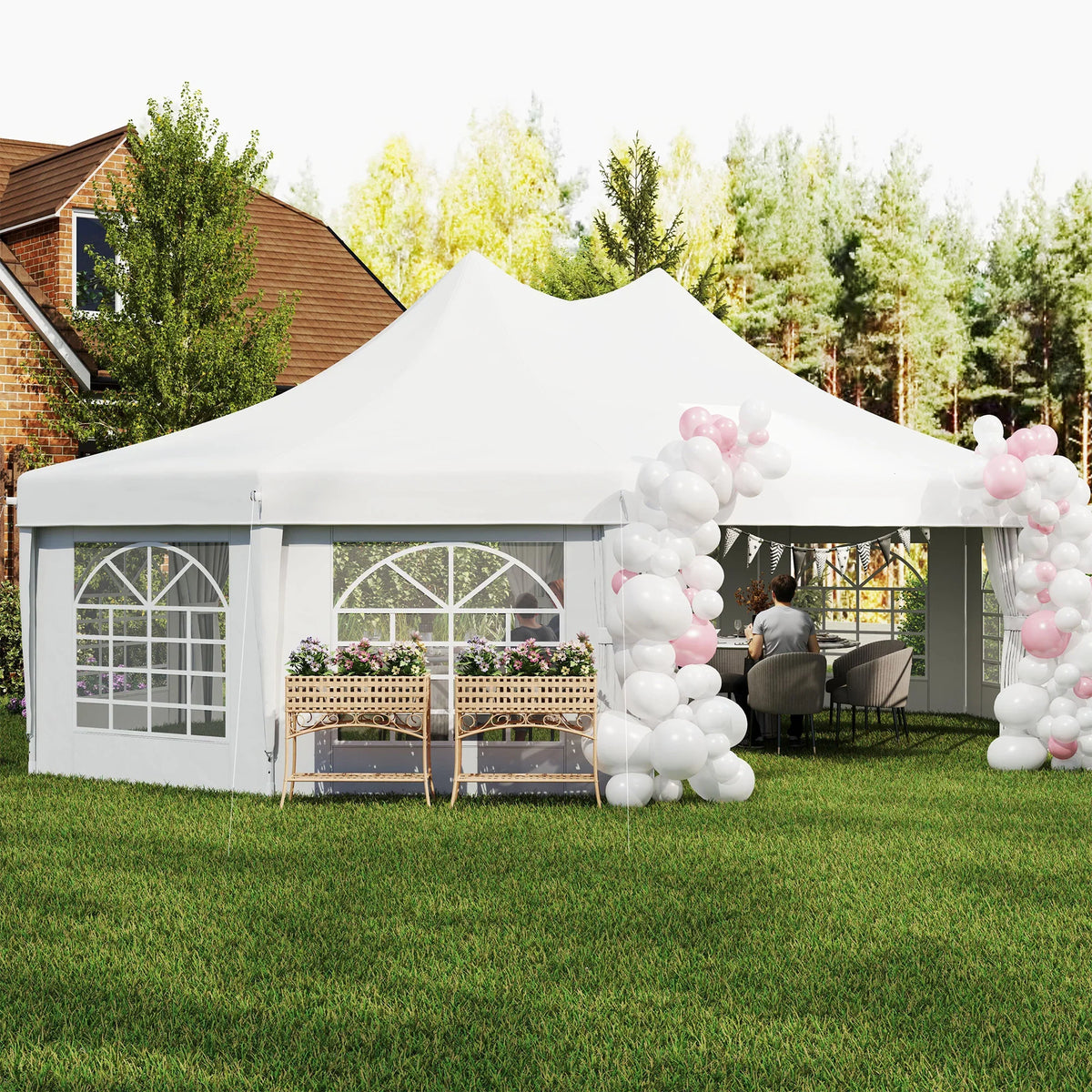White decagonal garden gazebo with side curtains, arched windows, and balloon arch decor