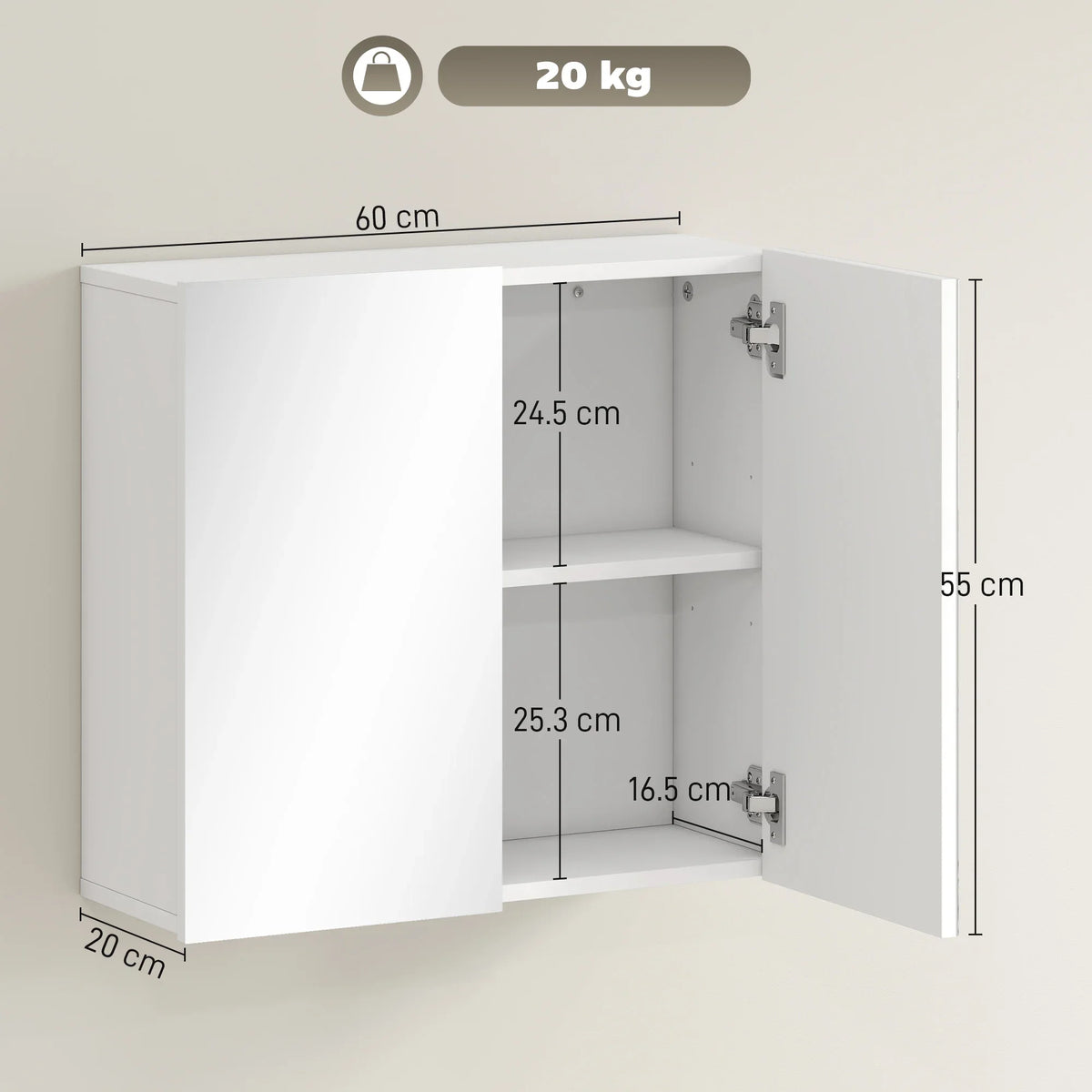White double-door bathroom mirror cabinet with adjustable shelf and hinged opening