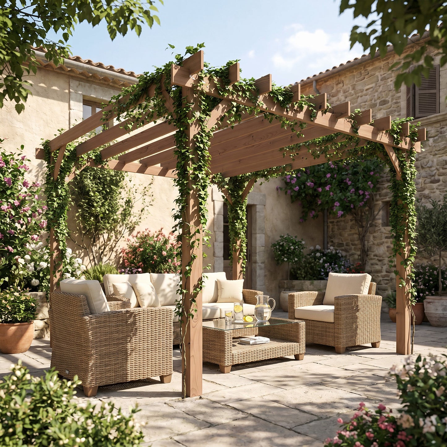 Outsunny 3 x 3 m Wooden Pergola Kit Garden Pergola Gazebo Grape Trellis With Triangle Supports Maple Wood Effect
