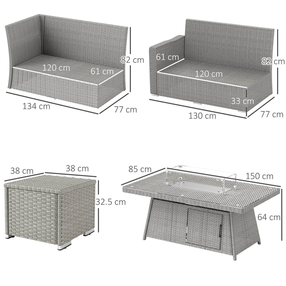 Grey rattan patio sofa set with fire pit table and ottomans, labeled size diagram