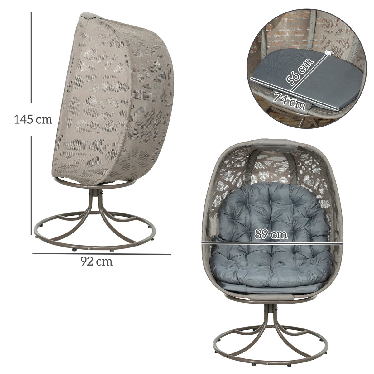 Swivel egg lounge chair with gray metal base, patterned canopy, blue-gray cushions