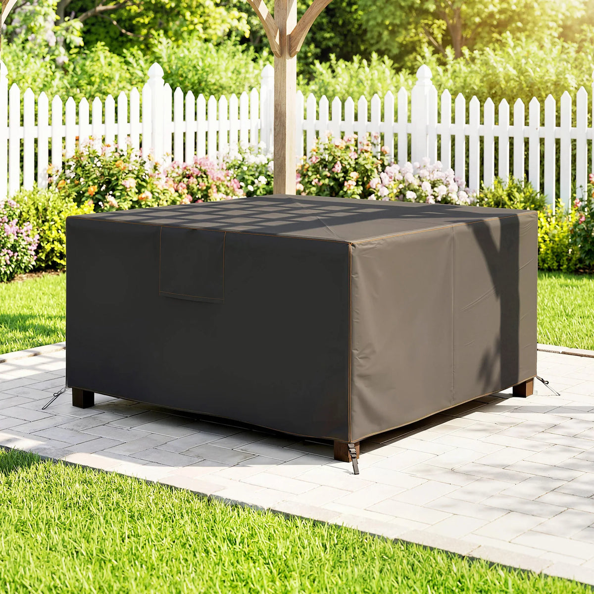 Black waterproof outdoor furniture cover for square set with air vent panel