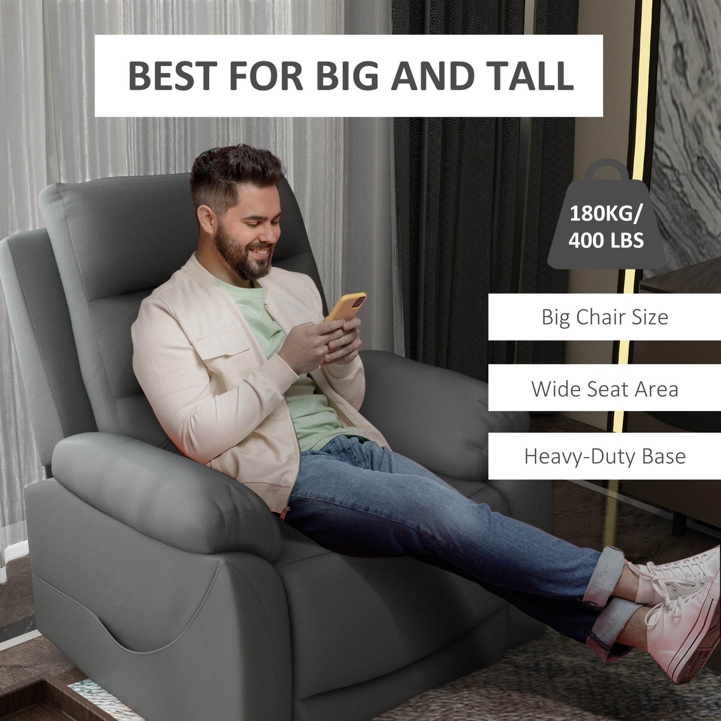 Gray heavy-duty power recliner chair with wide seat and padded armrests