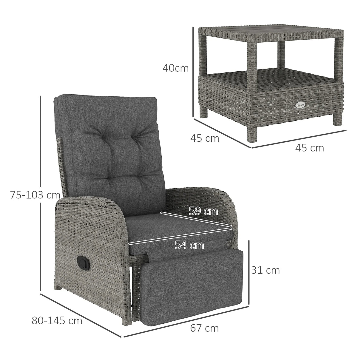 Grey chaise lounge with thick tufted back cushion and pull-out footrest